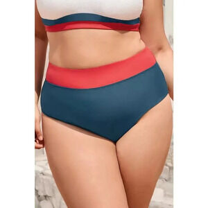 Cupshe Women's Blue & Red Banded High Waist Bikini Bottom Plus Size 3X